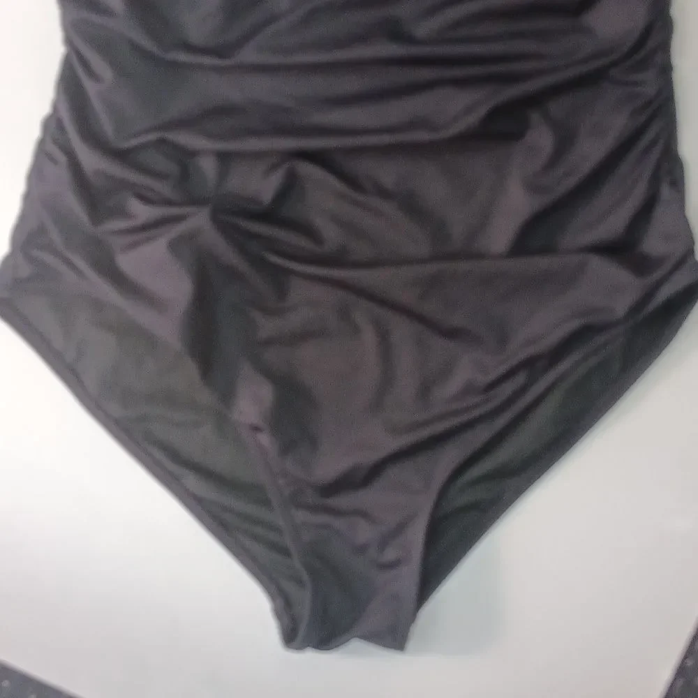 Holipic Elegant Black Ruffle Bandeau Tummy Comtrol One-Piece Swimsuit sz XL